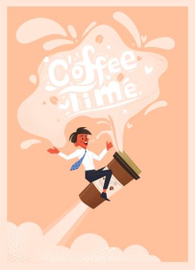 Ofis çalışanı kahve içer. Elle çizilmiş kavramsal illüstrasyon. Takım çalışması ve mağaza afişi.