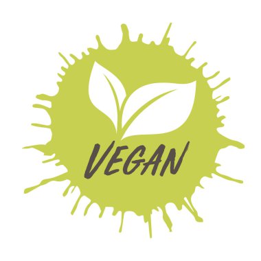 Vegan simgesi. Pul efektli mürekkep. Posterler, web, kartlar, dekor, t shirt ler için vektör. Vektör yuvarlak eko, biyo yeşil logo veya işaret.