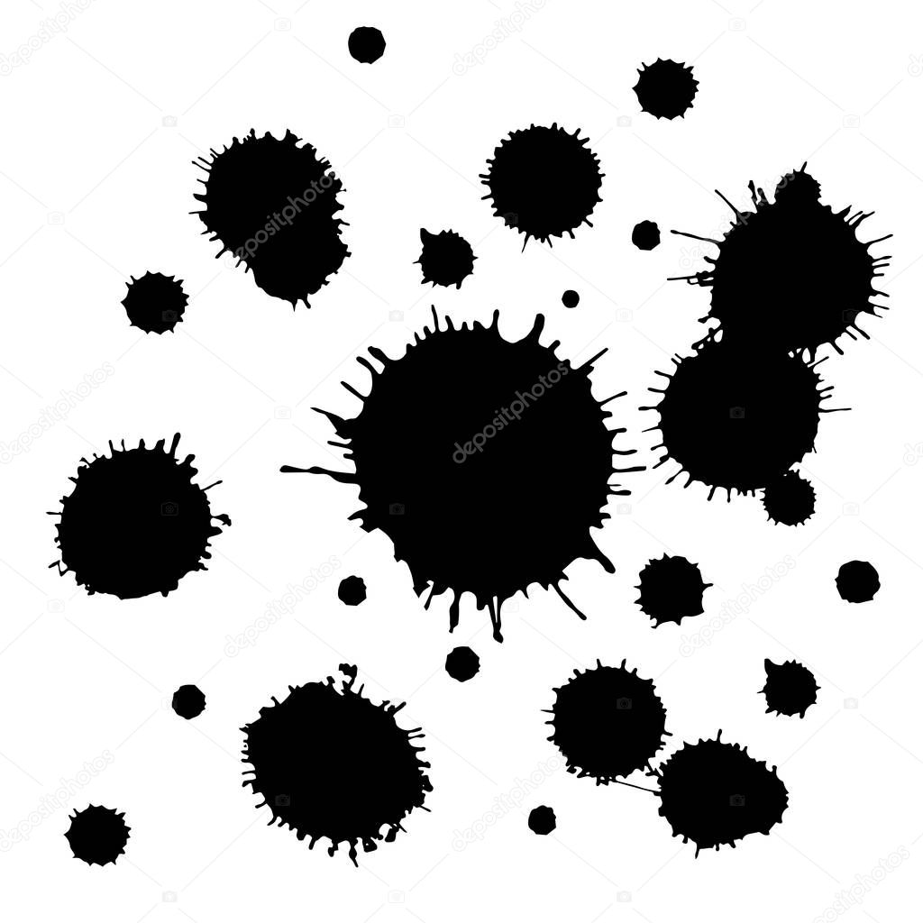 A drop of ink, diffuse spots. Grunge ink blots and drops. High quality manually traced vector illustration.