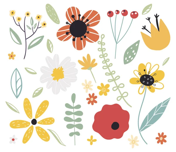 Vroege lente bos en tuin bloem. Set van decoratieve bloemmotief elementen. Platte cartoon vector illustratie. — Stockvector