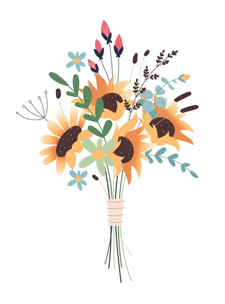 Η ιδέα του γάμου. Μπουκέτο λουλουδιών. Ένα μάτσο λουλούδια για την εικόνα του γάμου ή του Αγίου Βαλεντίνου. Floral πόστερ, πρόσκληση. — Διανυσματικό Αρχείο
