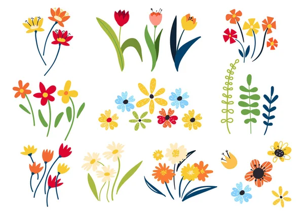 Collectie van wild en tuin bloeiende bloemen geïsoleerd op witte achtergrond. Wildflowers in platte stijl. Bundel van boeketten. Set van decoratieve bloemmotief elementen. — Stockvector