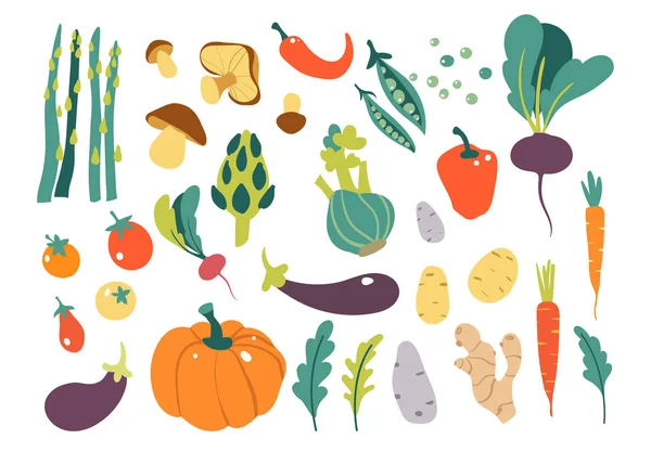 Dejte si ručně čerpačkou barevnou zeleninu. Zeleninové ploché ikony set okurka, mrkev, cibule, rajčete. — Stockový vektor