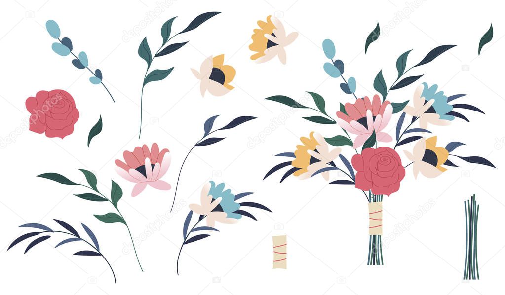 Flower pink rose, green leaves. Bundle of bouquets. Set of decorative floral design elements. Flat cartoon vector illustration. Set of floral branch. Floral poster, invite.