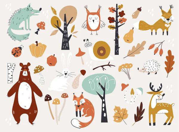 Симпатичные деревянные анимированные и цветочные лесные дизайнерские слои. Набор симпатичных осенних персонажей мультфильмов, растений и продуктов питания. Осенний сезон . — стоковый вектор