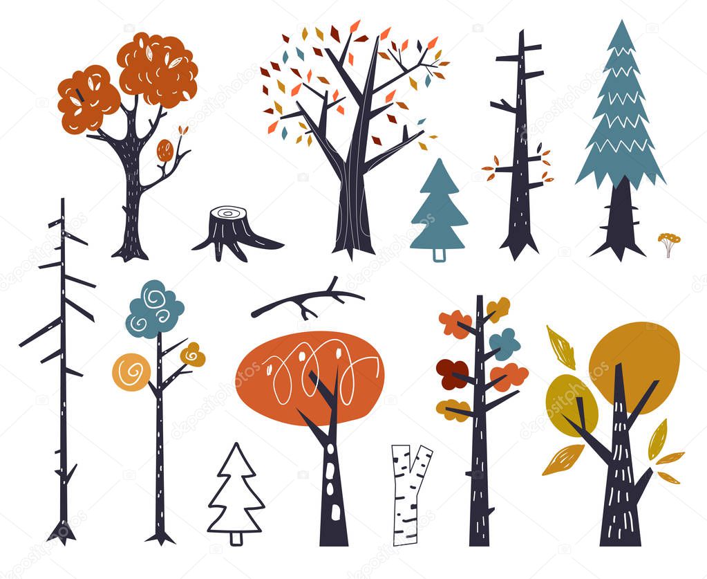 Vector set of children s drawings - cute forest and plants. Doodle style. Colorful autumn trees. Woodland flora in Scandinavian decorative style. Woody park plant isolated on white collection.