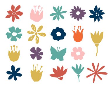 Çiçek kağıt beyaz arka plan üzerinde kırmızı, pastel pembe, mavi, gri ve mor şekiller kesti.