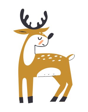 Boynuzlu sevimli geyik. İskandinav tarzında geyik. Toynak geviş getiren memeliler. Karikatür hayvan tasarımı. Beyaz arka planda yalıtılmış düz vektör çizimi.