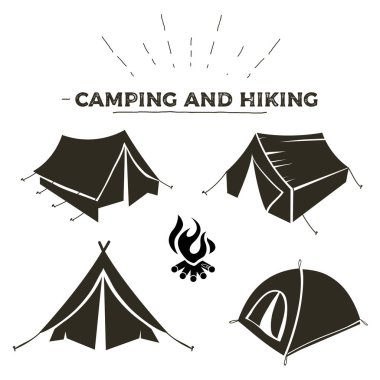 Kamp ve hiking çadır türleri Anahat tasarımı. Turist çadır simgeler koleksiyonu. Logo veya etiket şablon.