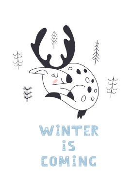 Sevimli bir geyik. Yavru geyik. Mutlu Noeller çizgi film karakteri. Kış geliyor. Vektör harfleri. İskandinav tarzı.