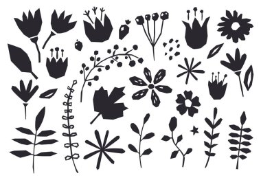 Grafik elemanları çiçek, bitki koleksiyonu. Sevimli ve modern duvar kağıdı, web arka plan, kumaş ve ambalaj tasarımı. Çağdaş kolaj tasarım elemanları.