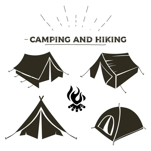 Camping and hiking tent types in outline design. Tourist tents icons collection. Logo or label template. — Stock Vector