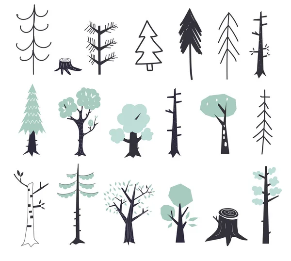 Ensemble vectoriel de dessins pour enfants - forêt et plantes mignonnes. Style caniche. Idéal pour la décoration des enfants. Arbres verts plats . — Image vectorielle