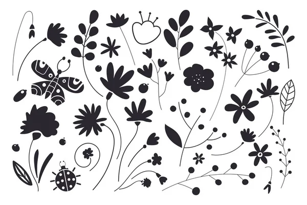 Zestaw kwiatów i liści. Liść czarne sylwetki na białym tle. — Wektor stockowy