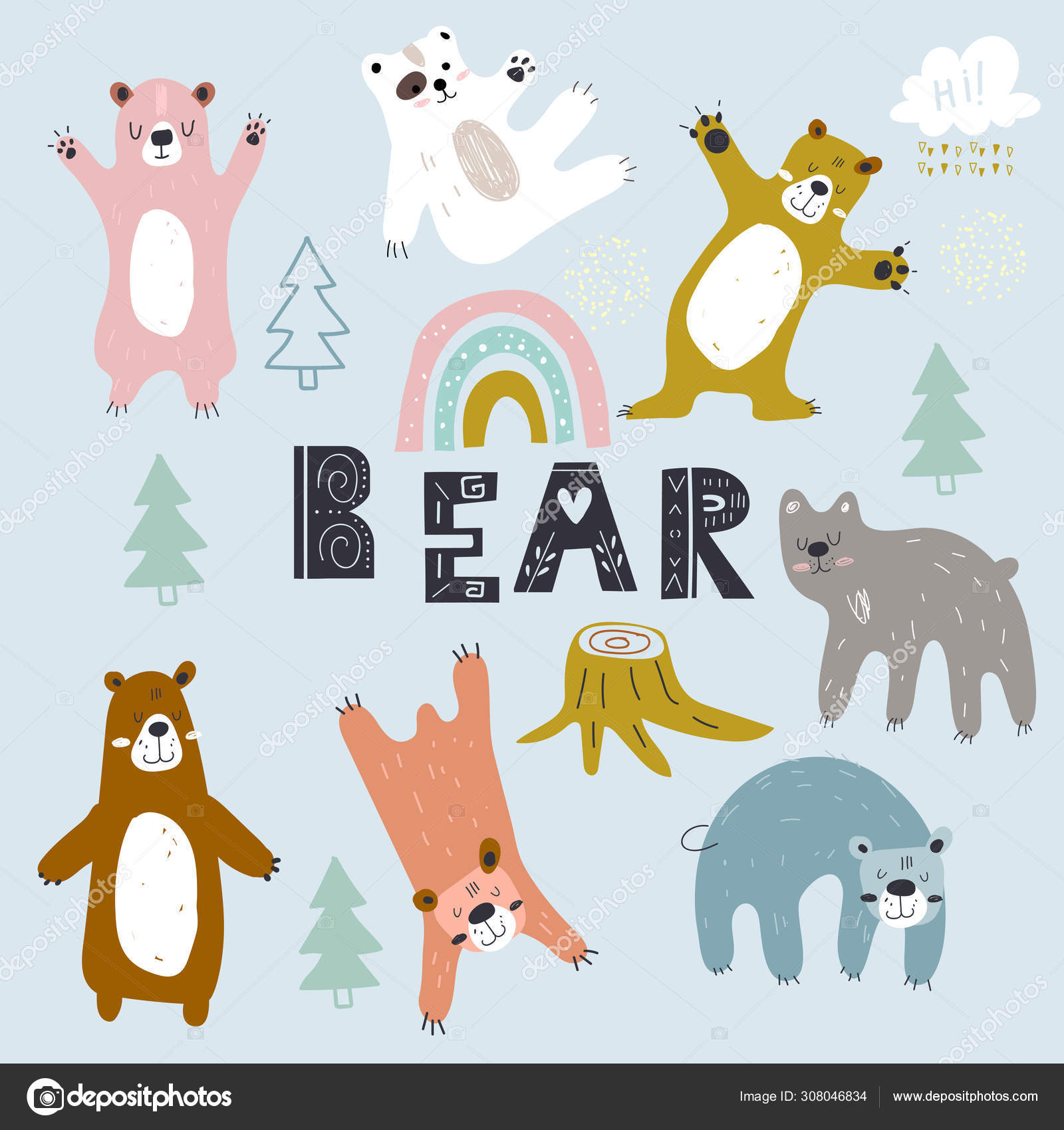 Grizzlybjørner, kreative, skandinaviske unger. Søt isbjørn. håndtegnet  tegnevektorillustrasjon . stockvektor © nadia1992 #308046834, image size:1600x1700