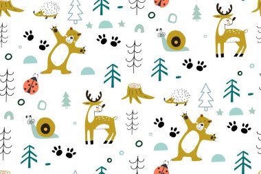 Orman hayvanları ile Sevimli sorunsuz desen, ayı ile, geyik, ormanda böcekler. orman elemanları ve elle çizilmiş şekiller. Kumaş için İskandinav tarzı çocuksu doku.