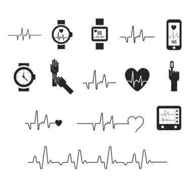 Elektrokardiyogram, ekg veya ekg - tıbbi vektör simgeleri. Fitness ve Spor salonu serisi. Beyaz arka planda kardiyogram. Nabız oksimetre simgesi. işareti kalp atışı ile kalp simgesi. Vektör illüstrasyon. Kalp işareti