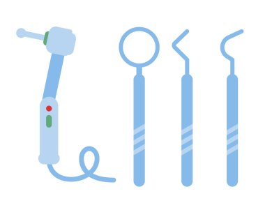 Dişçi aletleri. Ağız aynası, periodontal kaşif terazi, diş çıkarma kasları, pliers, makas. Beyaz arka planda izole edilmiş diş ekipmanı vektör illüstrasyonu.