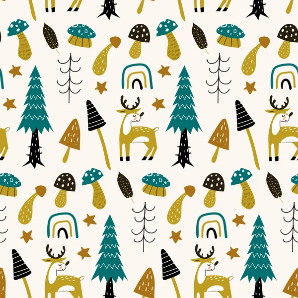 Forêt motif sans couture avec des animaux mignons cerfs. Illustration vectorielle. Texture dessin à la main . — Image vectorielle