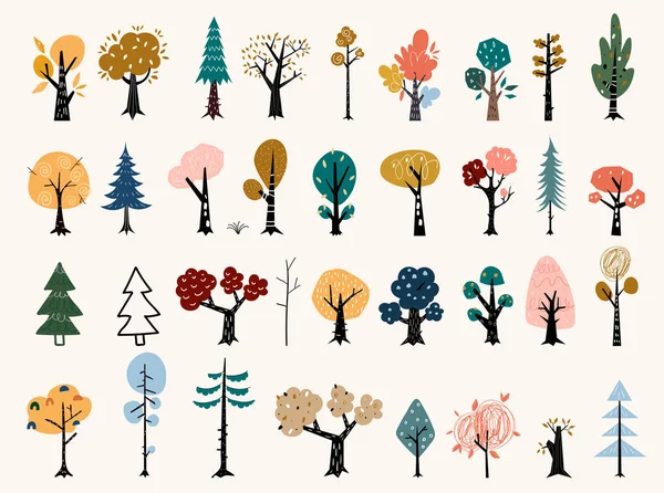 Ensemble d'arbres dans un style plat. Icônes d'arbre dans un style plat moderne. Pin, épicéa, chêne, bouleau, tronc, tremble, aulne, peuplier, châtaignier, pommier . — Image vectorielle