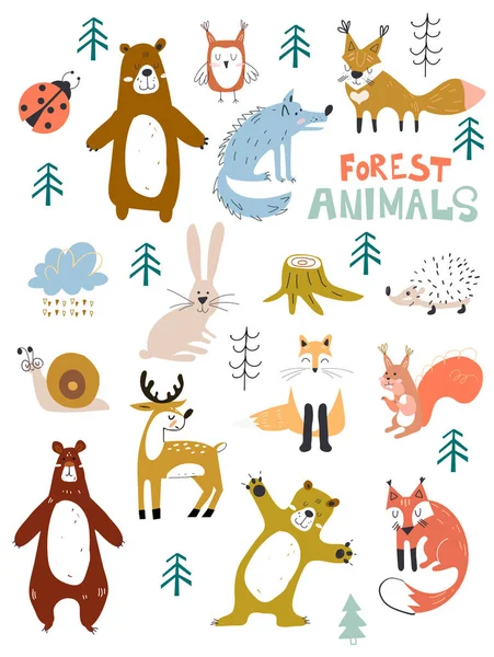 벡터 삼림 동물 캐릭터, 스크랩북, 귀엽고 달콤한 동물에 대한 좋은. 가을 꽃 숲 디자인 요소. — 스톡 벡터