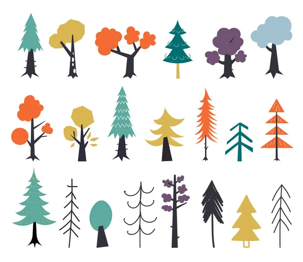 Set of autumn trees red, yellow, green. Hand drawn in a flat style. Autumn graphic design elements. Vector illustration isolated on a white background. — Stock Vector