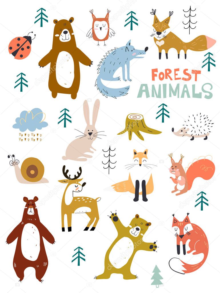 Vector woodland animals character, great for scrapbook,cute and sweet animals. Fall Floral Forest Design Elements.