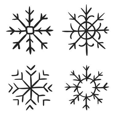 Kar tanesi doodle grafik elle çizilmiş. Noel kış tasarımı için kar taneleri koleksiyonu. kar taneleri doodle simgesi