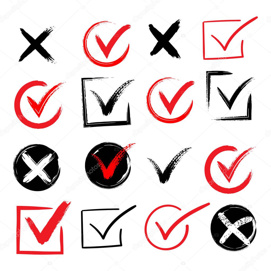 Tick and cross brush signs. Green checkmark OK and red X icons, isolated on white background. Simple marks graphic design. Symbols YES and NO button for vote, decision, web.