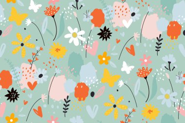 Çiçekli, dallı, yapraklı kusursuz desen. Yaratıcı çiçek dokusu. Kumaş, ambalaj, tekstil, duvar kağıdı için yaratıcı İskandinav çocuk dokusu.