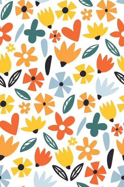 Sömlöst mönster med kreativa dekorativa blommor i skandinavisk stil. Perfekt för tyg, textil. — Stock vektor