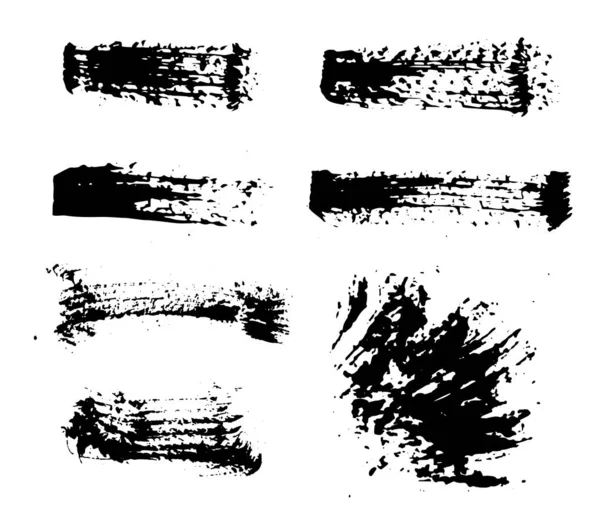 Чорні плями чорнила встановлені на білому тлі. Чорнильна ілюстрація. Набір пензлів, намальованих вручну та елементів дизайну. чорна фарба, чорнило художніх творчих форм . — стоковий вектор