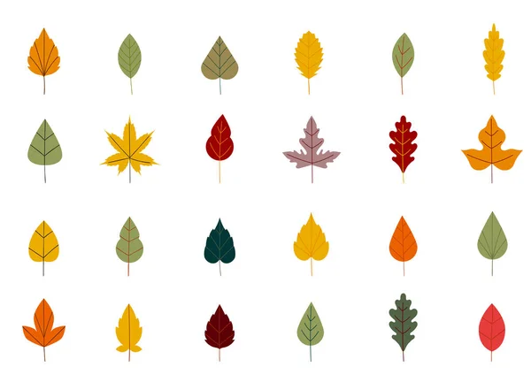 Collection beautiful colorful autumn leaves isolated on white background. Simple cartoon flat style. Autumn leaves of maple, oak, birch. Floral design element. — Stock Vector