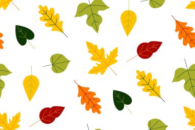 Sonbahar yaprakları dökülüyor. Orange 'da sonbahar meşe yaprakları, Sarı. El çizimi vektör botanik dokusu. Duvar kağıdı, hediye kağıdı, şablon dolguları, arka plan, sonbahar tebrik kartları için mükemmel. Vektörsüz desen.