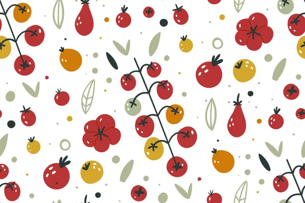 Patrón sin costura de tomate vectorial. diseño de repetición de alimentos orgánicos dibujados a mano para tela o papel de envolver, marca. Textura sin fin para papel pintado de cocina, textil, tela, papel.Fondo de alimentación. Vegetariano. — Vector de stock