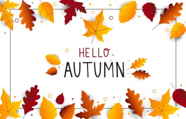 Sonbahar kompozisyonu. Modern ve yaratıcı poster, broşür, tebrik kartı şablonu. Yapraklı sonbahar tasarımı. Renkli mevsimlik sonbahar yapraklı satış afişi tasarımı. Vektör resimleme şablonu.