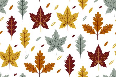 Renkli sonbahar yapraklarıyla kusursuz bir desen. Orange, Beige, Brown ve Yellow 'da sonbahar meşe yapraklı doku. Duvar kâğıdı, hediye kağıdı, tekstil veya kitap kapağı için arka plan.