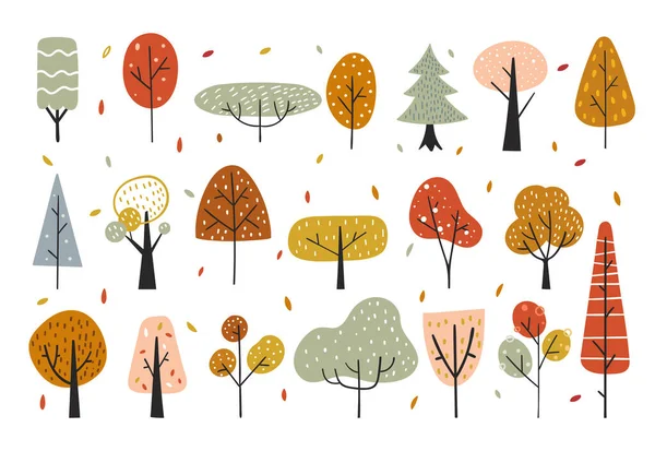Sonbahar dekoratif elementleri, soyut ağaçlar, orman elementleri. Yaratıcı yükseklik ormanı detaylı arka plan. Çocuk kıyafetleri, kumaş ve tekstil için mükemmel. İskandinav tarzı İsveççe. — Stok Vektör