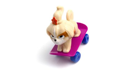 Beyaz arka planda pembe kaykaylı bir çocuk köpeği.