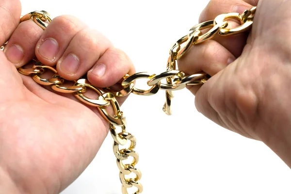 Gouden Ketting Handen Een Witte Achtergrond Isoleren — Stockfoto