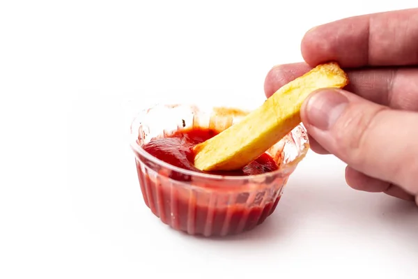 Ketchup Plast Sås Båt Med Pommes Frites Vit Bakgrund Isolat — Stockfoto
