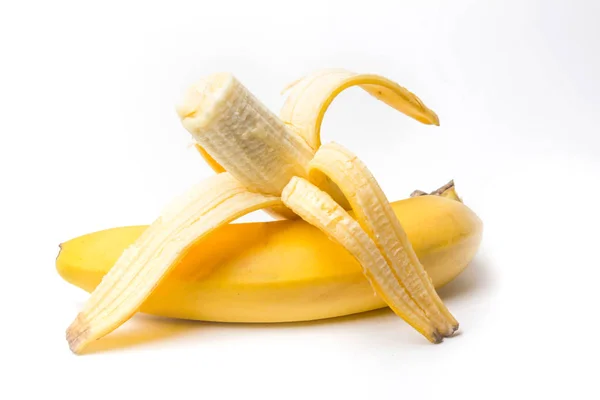 Ripe Yellow Banana Half Peeled Bitten White Background Isolate — Stock Photo, Image