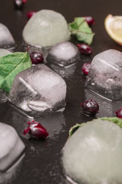 Böğürtlenli eritilmiş buz yeşil yapraklı limon ve siyah masa tazeliği. dikey oryantasyonu kapat