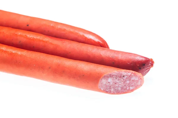 Smoked sausages on a white background isolate. copy space, close up, — Stock Photo, Image