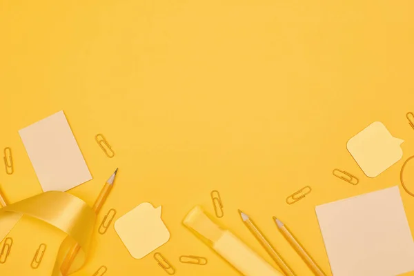 Minimalism, Back to school concepts Yellow school supply on yellow background, flat lay copy space — 스톡 사진