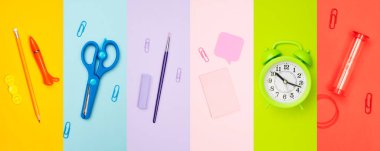 Minimalizm bayrağı, çok renkli okul seti, ofis malzemeleri, düz alan,