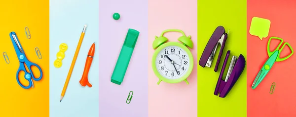 Minimalisme banner, set van complementaire kleuren veelkleurige school, kantoorbenodigdheden, flatley, kopieerruimte — Stockfoto