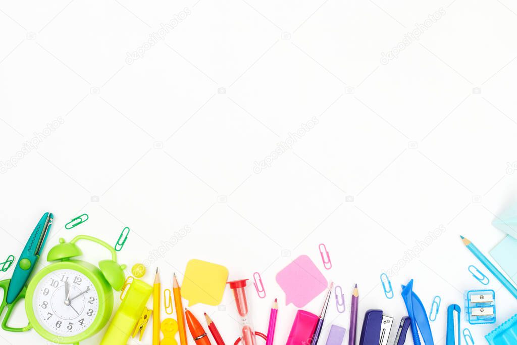 back to school, multicolored school supplies, rainbow on white, flatley, copyspace