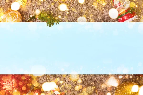 stock image christmas frame and toys with blue leaf, bokeh, flatley, copy space ,banner, footer, header