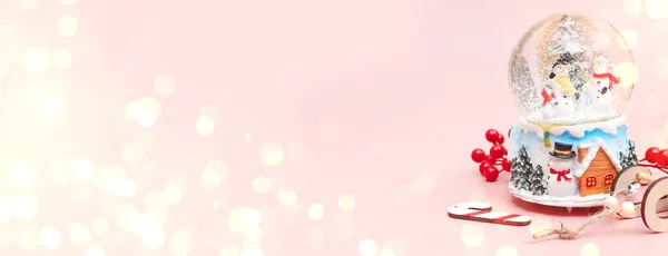 Banner, Christmas composition, gifts on pastel pink background, copyspace